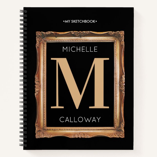 Chic Black & Gold Monogram Sketchbook Notebook (Front)