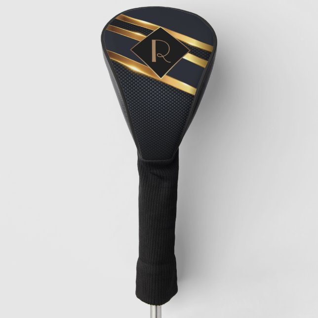 Chic Black & Gold Monogrammed Golf Head Cover (Front)