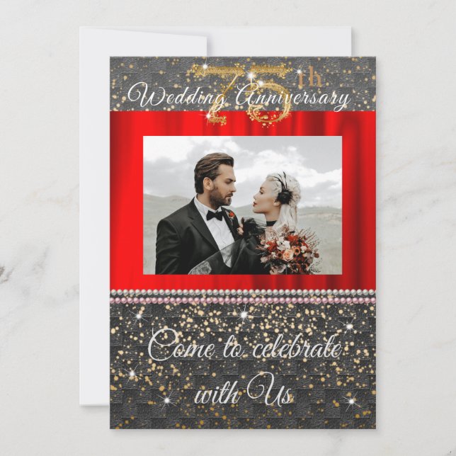 Chic Black Gold & Pearls 75th Wedding Anniversary  Invitation (Front)
