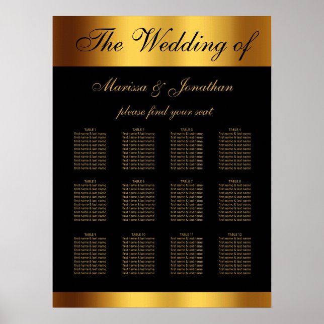 Chic Black Gold Script Border Wedding Seating Poster (Front)