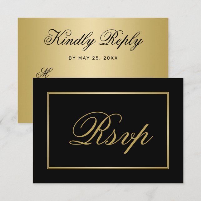 Chic Black Gold Script Calligraphy Wedding RSVP Card (Front/Back)