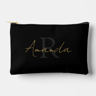Chic Black Gold Script Monogram Accessory Pouch