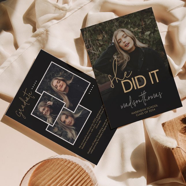 Chic Black Gold Script She Did It Photo Graduation Announcement (Creator Uploaded)