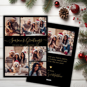 Chic Black Gold Seasons Greetings Script 5 Photo Holiday Card