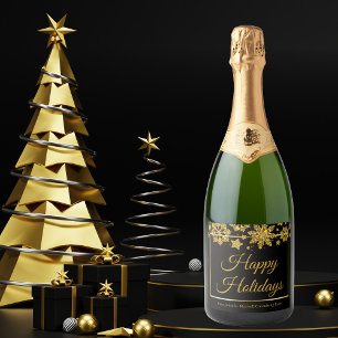 Chic Black Gold Snowflake Custom Holiday Party Sparkling Wine Label