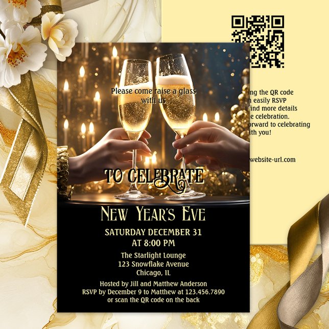 Chic Black Gold Sparkling New Year's Eve Invitation (Festive chic gold and black New Year's Eve party invitation featuring a toast with sparkling wine)
