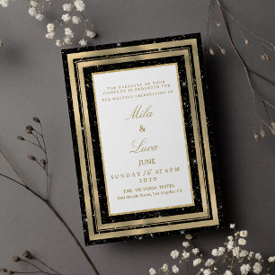 Chic black gold sparkly glitter confetti Wedding  Invitation