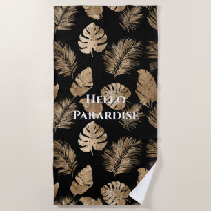 Chic Black Gold Tropical Leaves Beach Towel