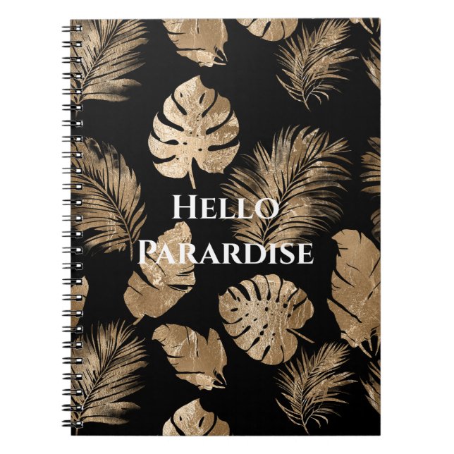 Chic Black Gold Tropical Leaves Notebook (Front)