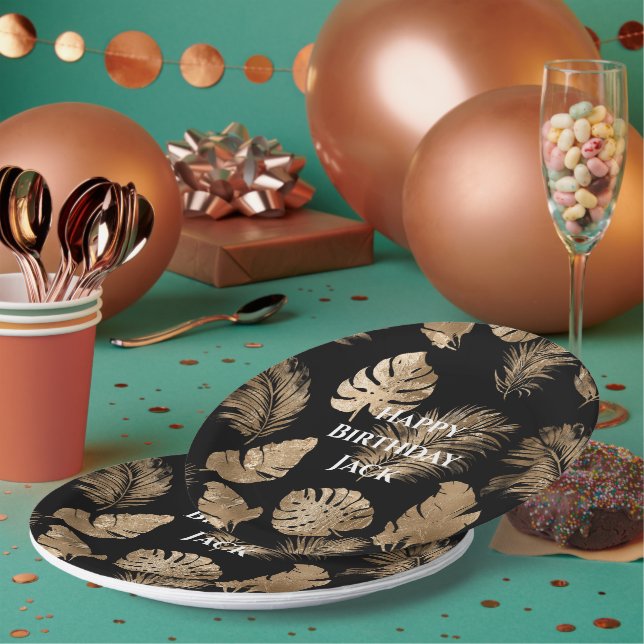 Chic Black Gold Tropical Leaves Paper Plate (Multi)