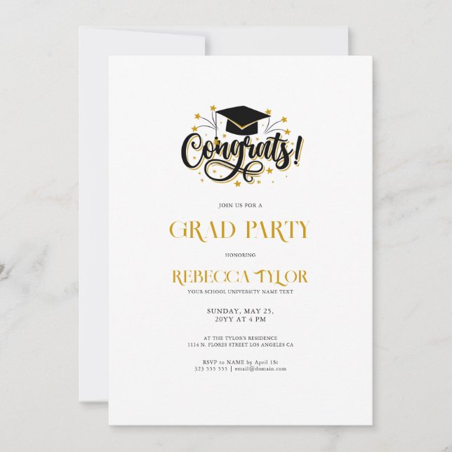 Chic Black & Gold Typography Grad Hat Party Invite (Front)