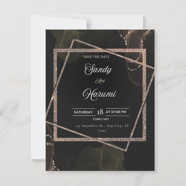 Chic Black & Gold Wedding Stylish Invitation (Front)