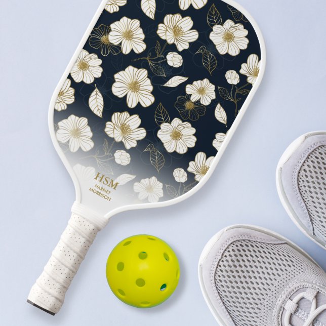 Chic Black Gold White Floral Pattern Custom Text Pickleball Paddle (Creator Uploaded)