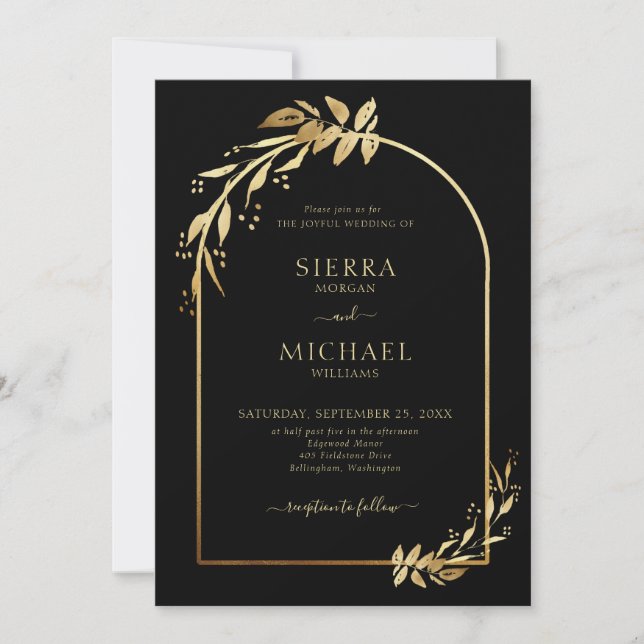 Chic Black Golden Eucalyptus Foliage Wedding Arch Invitation (Front)