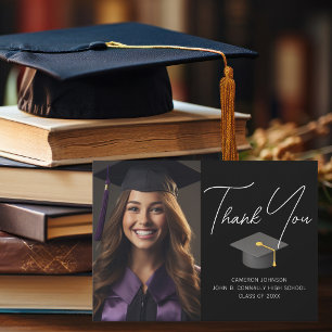 Chic Black Graduate Photo Personalised Graduation Thank You Card