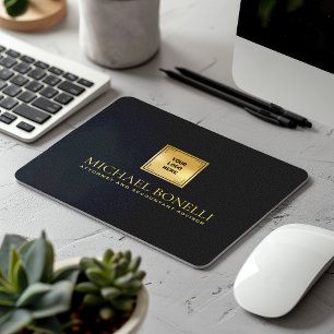 Chic Black Grey Leather Luxury Gold Logo NAME Mouse Pad