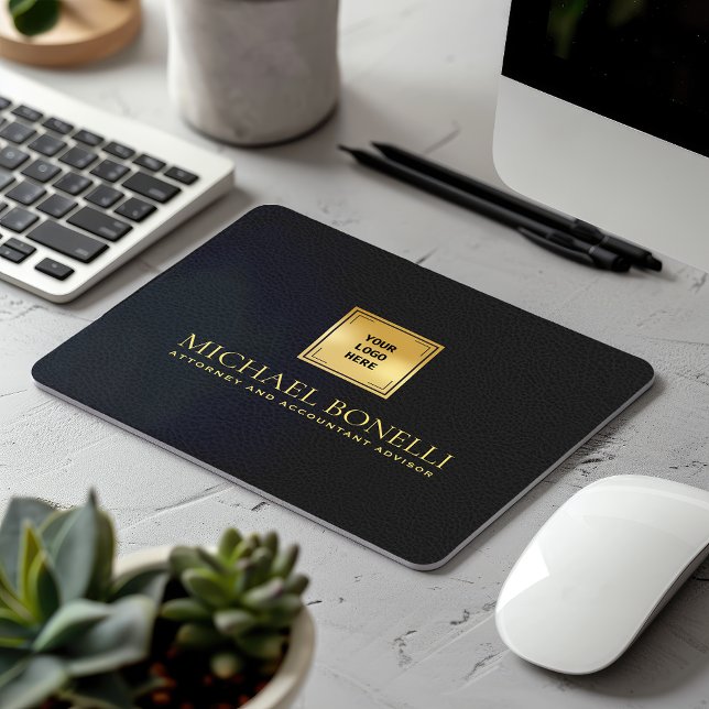 Chic Black Grey Leather Luxury Gold Logo NAME Mouse Pad (Creator Uploaded)