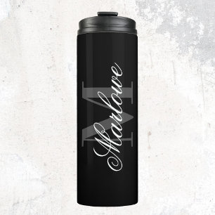 Chic Black Grey Monogram Calligraphy Thermal Tumbler