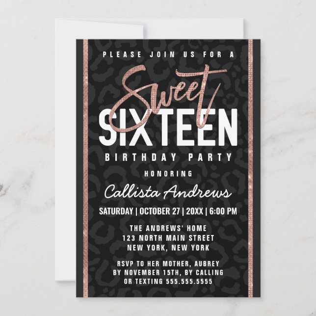 Chic Black Grey Rose Gold Glitter Cheetah Sweet 16 Invitation (Front)