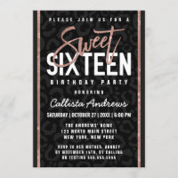 Chic Black Grey Rose Gold Glitter Cheetah Sweet 16