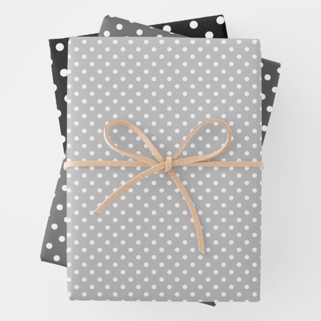 Chic Black Grey White Polka Dots Pattern Wrapping Paper Sheet (In situ)