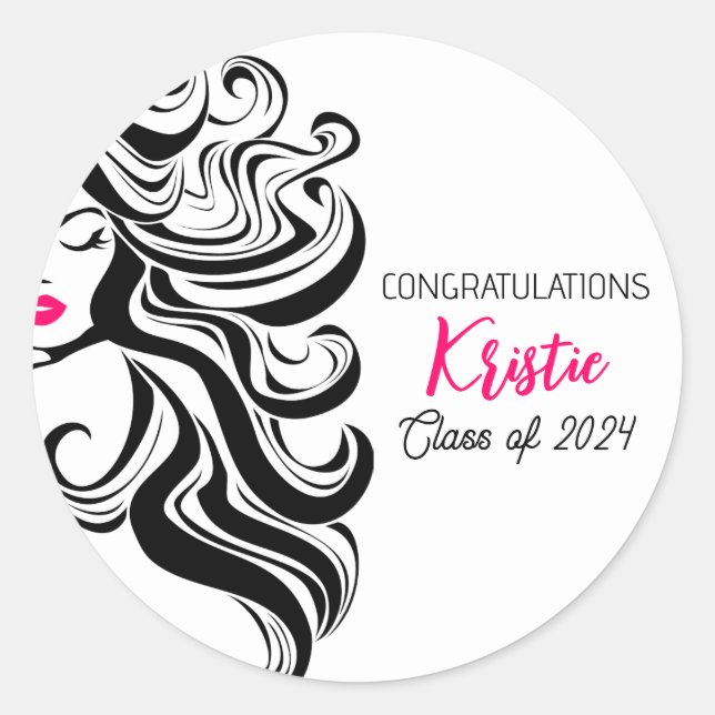 Chic Black Hair Stylist Graduation Party Retro  Classic Round Sticker (Front)