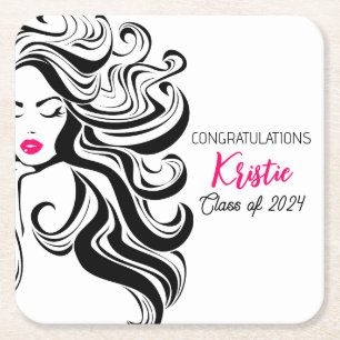 Chic Black Hair Stylist Graduation Party Retro Square Paper Coaster