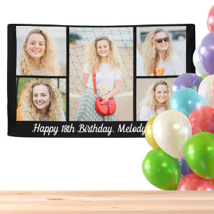 Chic Black Happy Birthday Photo Collage Banner