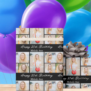 Chic Black Happy Birthday Photo Collage Wrapping Paper