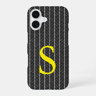 Chic Black Herringbone Chevron Zig Zag Monogram iPhone 16 Case