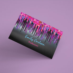 Chic black hot pink blue drips business card