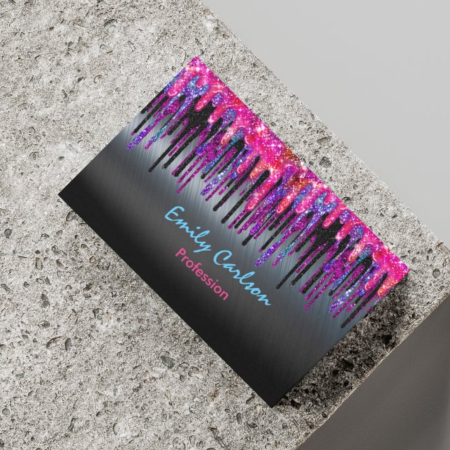 Chic black hot pink blue drips magnetic business card (Creator Uploaded)