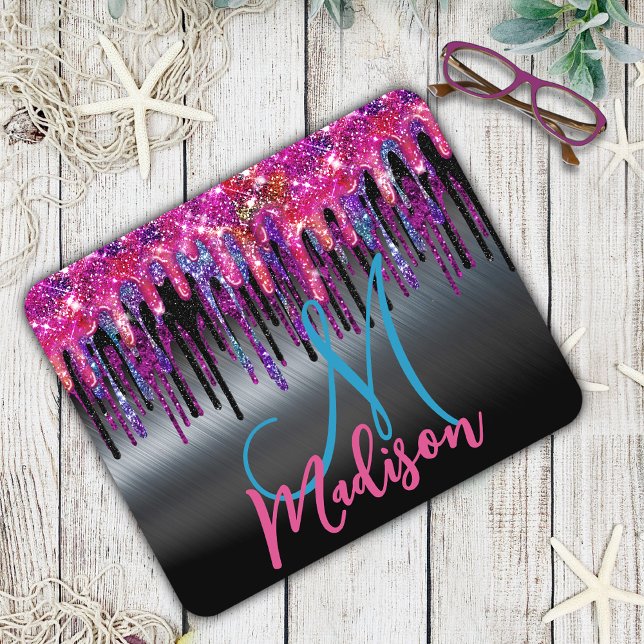 Chic black hot pink blue drips monogram mouse pad (Creator Uploaded)