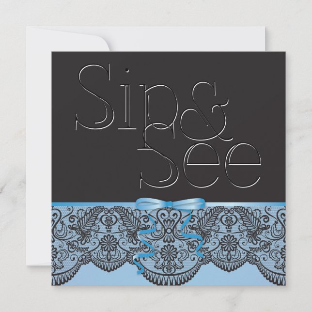 Chic Black Lace and Blue Sip and See 2 Invitation (Front)