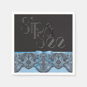 Chic Black Lace and Blue Sip and See Party Napkins