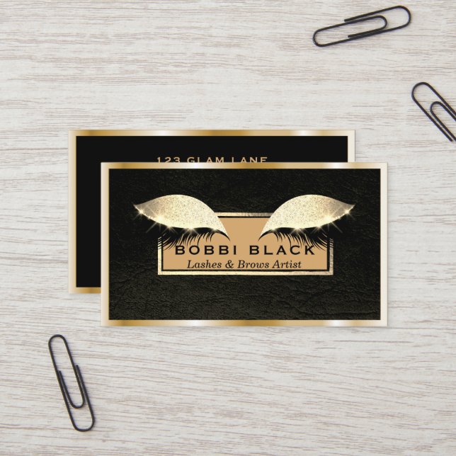 Chic Black Leather Gold Eyelash Extensions Makeup Business Card (Front/Back In Situ)