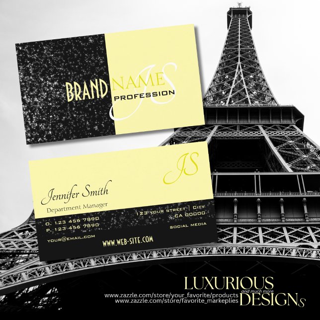 Chic Black Light Yellow Glitter Stars and Monogram Business Card (Creator Uploaded)