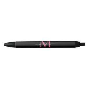 Chic Black Magenta Pink Monogram Script Name Ink Pen