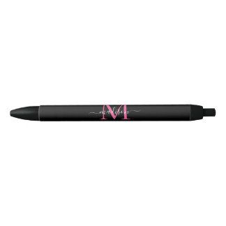 Chic Black Magenta Pink Monogram Script Name Ink Pen