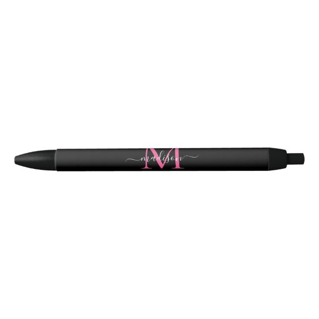 Chic Black Magenta Pink Monogram Script Name Ink Pen (Front)