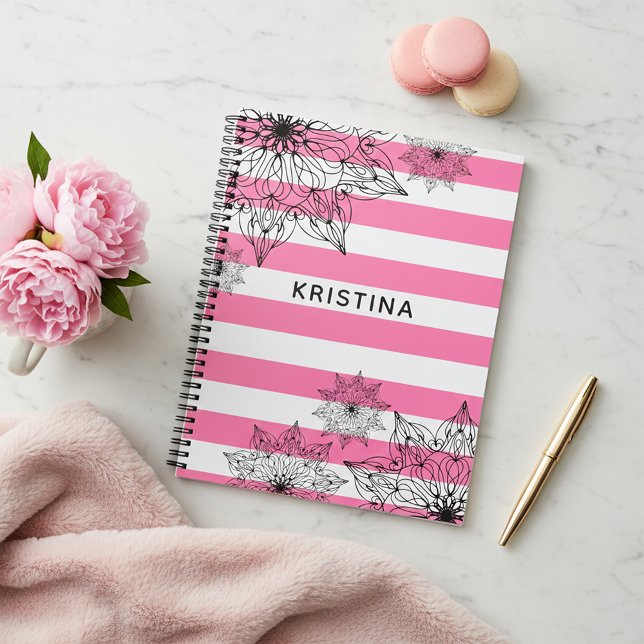 Chic Black Mandalas on Pink and White Stripes Planner (Creator Uploaded)