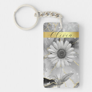 Chic Black Marble & Gold Daisy Custom Key Ring