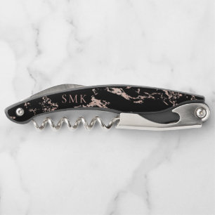 Chic Black Marble Rose Gold Foil Monogram Corkscrew