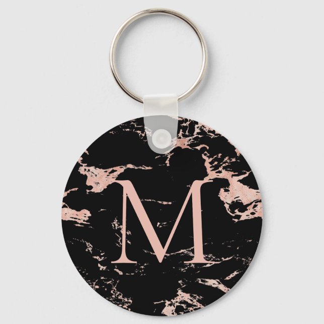Chic Black Marble Rose Gold Foil Monogram Key Ring (Front)