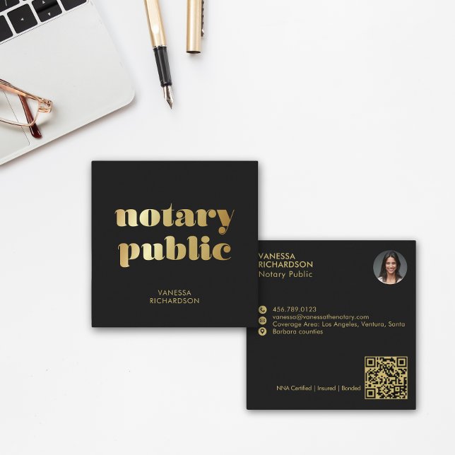 Chic Black Modern Gold Notary Public Marketing  Square Business Card (Creator Uploaded)