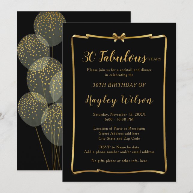 Chic Black n Gold Bow Frame Female's Birthday Invitation (Front/Back)