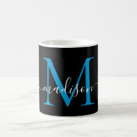Chic Black Ocean Blue Monogram Elegant Script