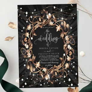 Chic Black Ornate Golden Leaves Wedding Invitation