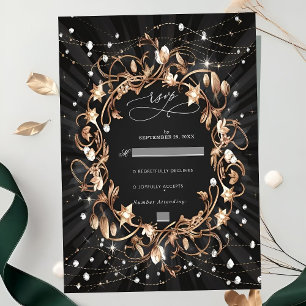 Chic Black Ornate Golden Leaves Wedding RSVP Card