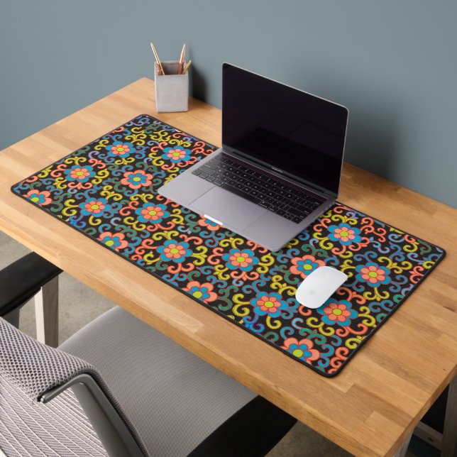 Chic Black Pattern with Colorful Floral  Desk Mat (Office 2)